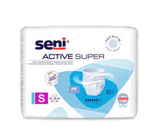 A 10-pack of Seni Active Super incontinence pants from TZMO Deutschland GmbH, size Small (55-85 cm), comes in mostly white packaging with blue accents and highlights the indicators for breathability and absorbency.