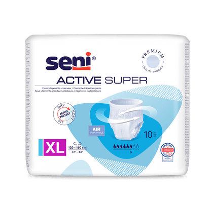 The Seni Active Super incontinence pants from TZMO Deutschland GmbH offers size XL (120-160 cm), 10 drops of absorbency, breathability, and effective protection for bladder weakness. It has a blue-white design with product images.