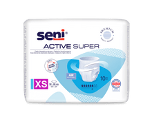 A pack of Seni Active Super incontinence pants from TZMO Deutschland GmbH, size XS for a waist circumference of 50-80 cm. For bladder weakness, characterized by breathability and dryness, and contains 10 pants in white-blue packaging.