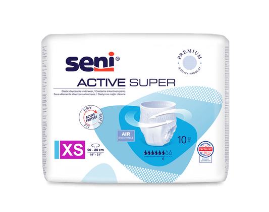 A pack of Seni Active Super incontinence pants from TZMO Deutschland GmbH, size XS for a waist circumference of 50-80 cm. For bladder weakness, characterized by breathability and dryness, and contains 10 pants in white-blue packaging.