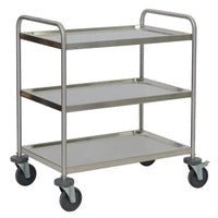 The Novocal multipurpose trolley made of stainless steel with 3 shelves, 2 push handles, 4 easy-roll wheels, and 4 bumpers is ideal for transport in the office, kitchen, or hospital. Package: 1 piece.