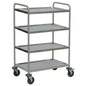 The Novocal multipurpose trolley made of stainless steel with 4 shelves, 2 push handles, and 4 easy-roll castors is ideal for transport in offices, kitchens, or hospitals and suitable as a serving trolley in gastronomy.