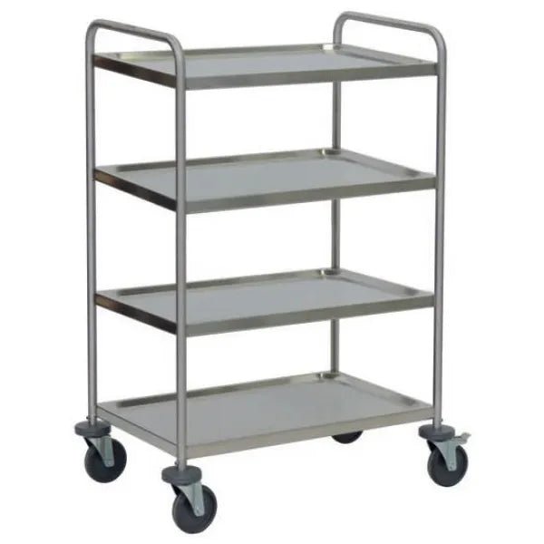 The Novocal stainless steel multi-purpose trolley features 4 shelves, 2 push handles, and 4 bumpers. With easy-running wheels, this transport trolley is ideal for versatile use and ensures easy and safe transport.