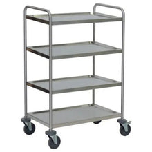 The Novocal stainless steel multi-purpose trolley features 4 shelves, 2 push handles, and 4 bumpers. With easy-running wheels, this transport trolley is ideal for versatile use and ensures easy and safe transport.
