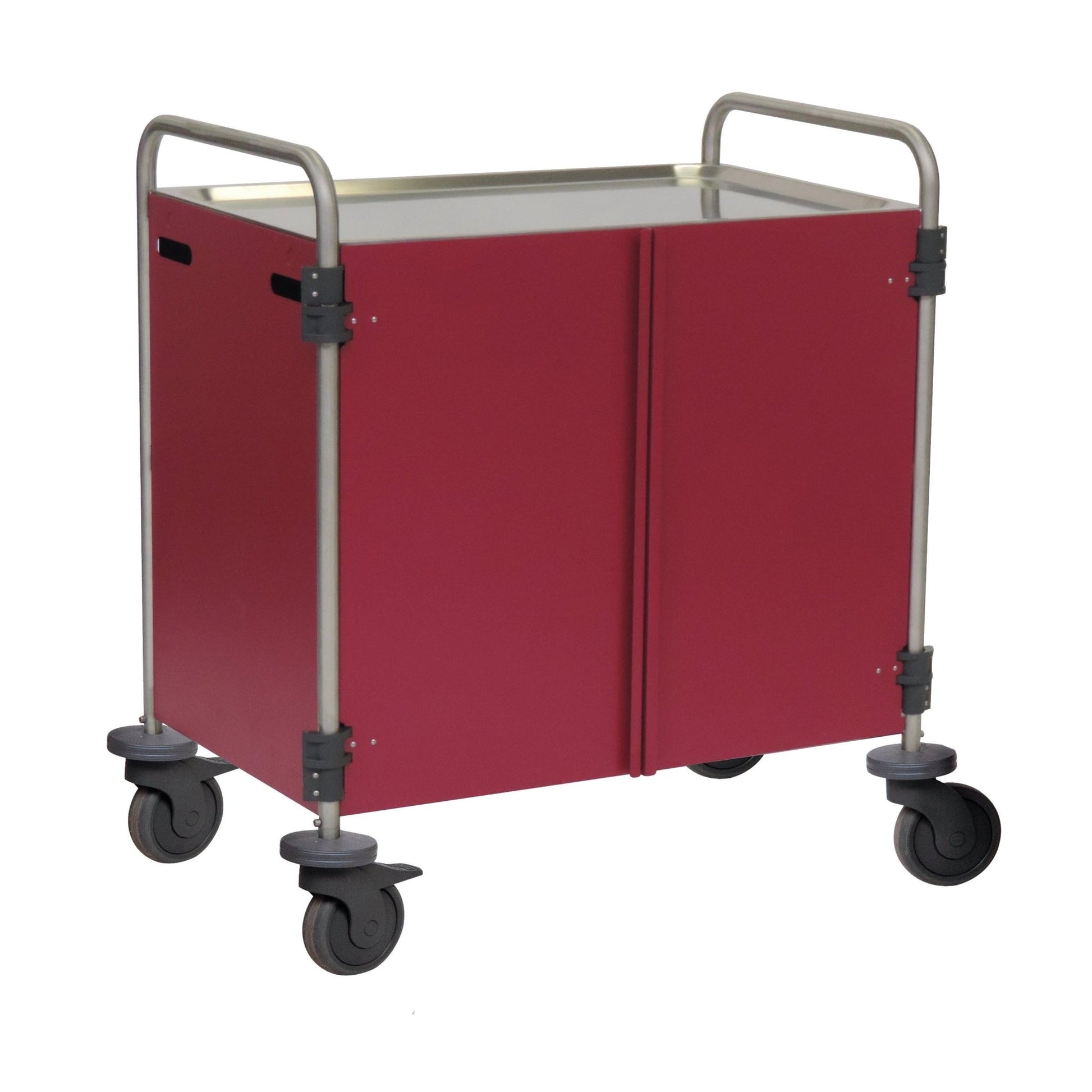 A rectangular Novocal multipurpose trolley, stainless steel 3-sided, with front hinged doors and metal handles on each side, features four swivel castors. Package: 1 piece.