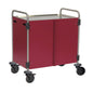 A rectangular Novocal multipurpose trolley, stainless steel 3-sided, with front hinged doors and metal handles on each side, features four swivel castors. Package: 1 piece.