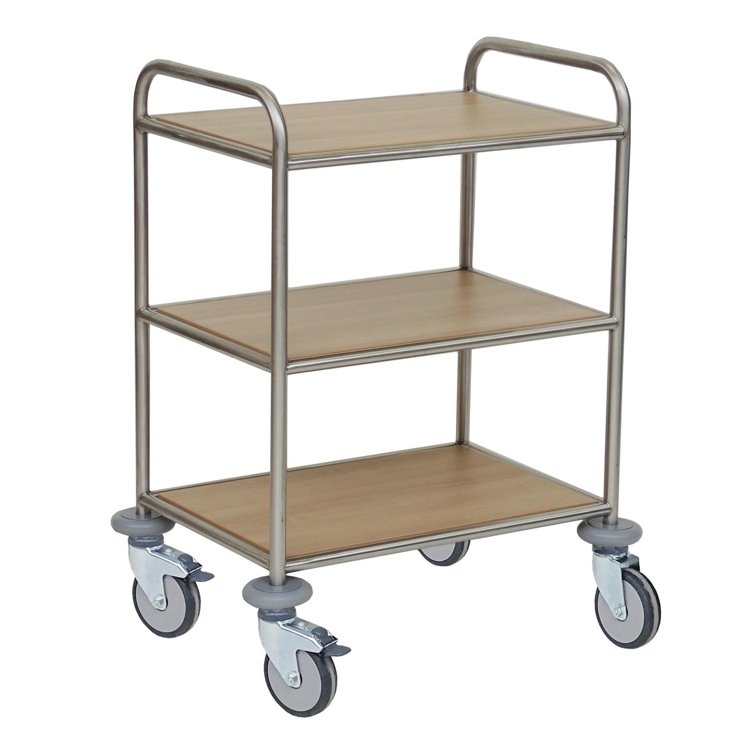 The Novocal multipurpose trolley features a stainless steel frame, three melamine-coated shelves in the color Novocal-F, and four large wheels for easy transport. Delivered as a single unit.