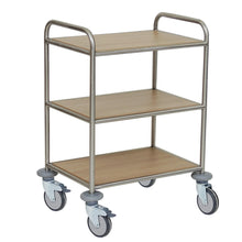 The Novocal multipurpose trolley features a stainless steel frame, three melamine-coated shelves in the color Novocal-F, and four large wheels for easy transport. Delivered as a single unit.
