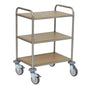The Novocal multipurpose trolley features a stainless steel frame, three melamine-coated shelves in the color Novocal-F, and four large wheels for easy transport. Delivered as a single unit.