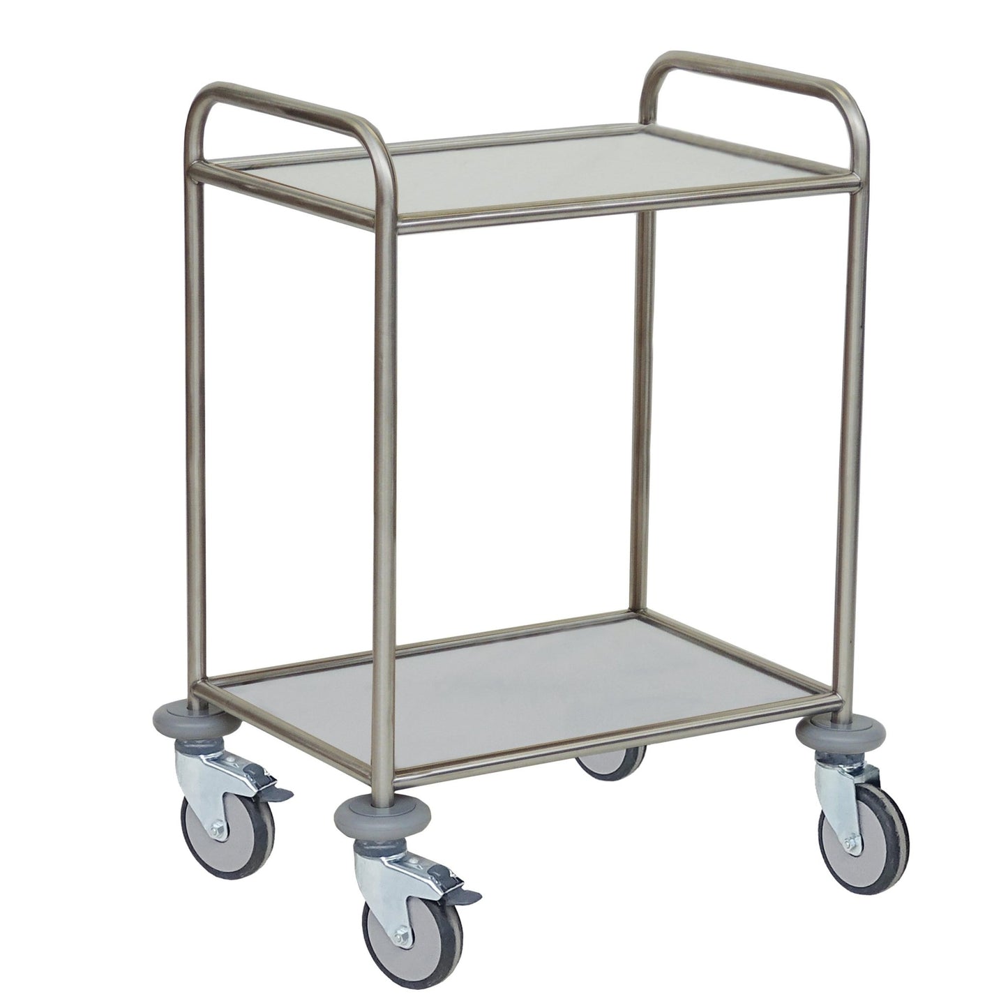 The Novocal multi-purpose trolley features a stainless steel frame, two solid core shelves that are resistant to water, heat, and disinfectants, as well as four swivel castors and two handles - ideal for the efficient transport of items.