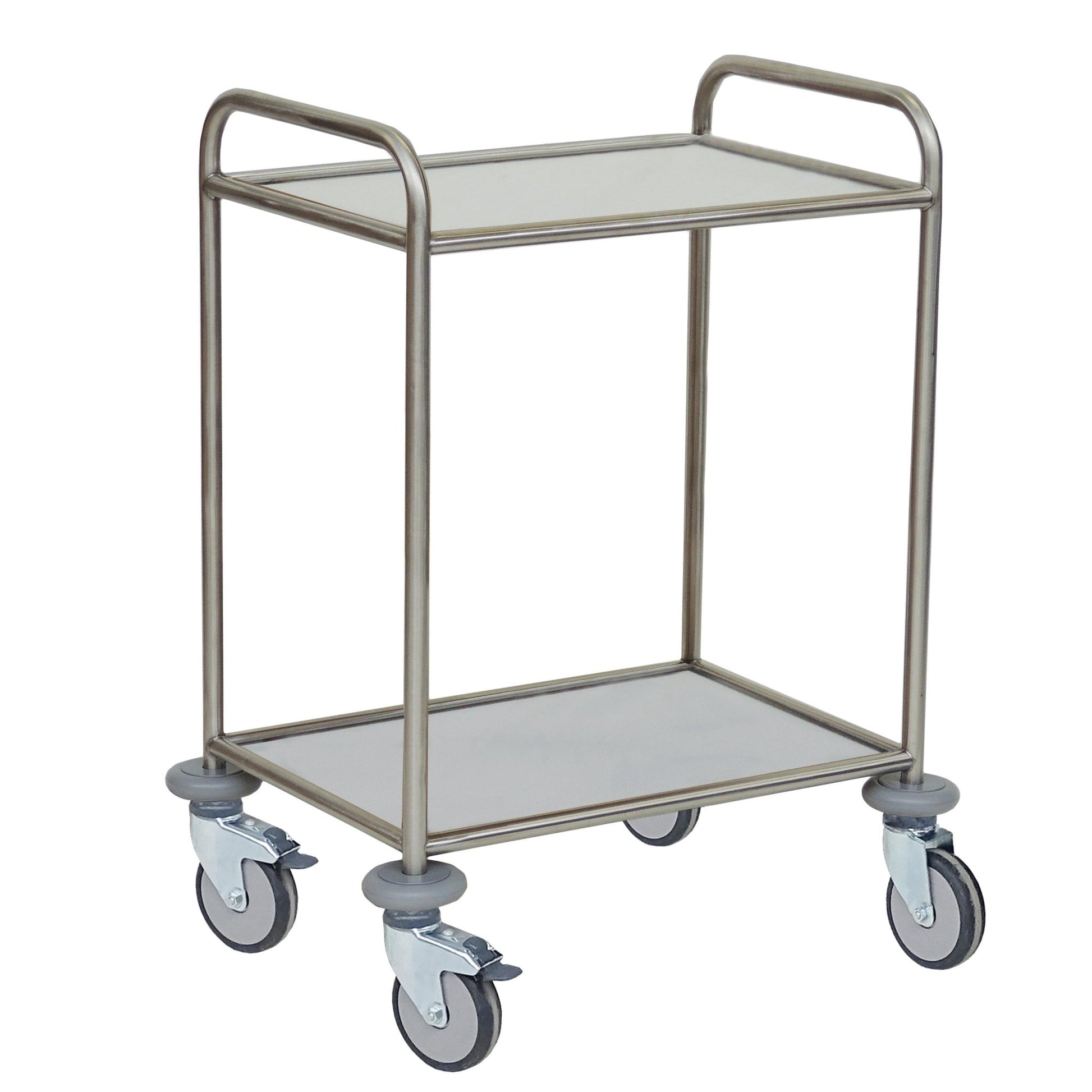 The Novocal multi-purpose trolley features a stainless steel frame, two solid core shelves that are resistant to water, heat, and disinfectants, as well as four swivel castors and two handles - ideal for the efficient transport of items.
