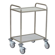 The Novocal multi-purpose trolley features a stainless steel frame, two solid core shelves that are resistant to water, heat, and disinfectants, as well as four swivel castors and two handles - ideal for the efficient transport of items.