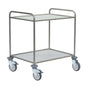 The Novocal multi-purpose cart features a stainless steel frame, two solid shelves, and four swivel casters; it is resistant to water, heat, and disinfectants. Pictured with open sides on a white background.