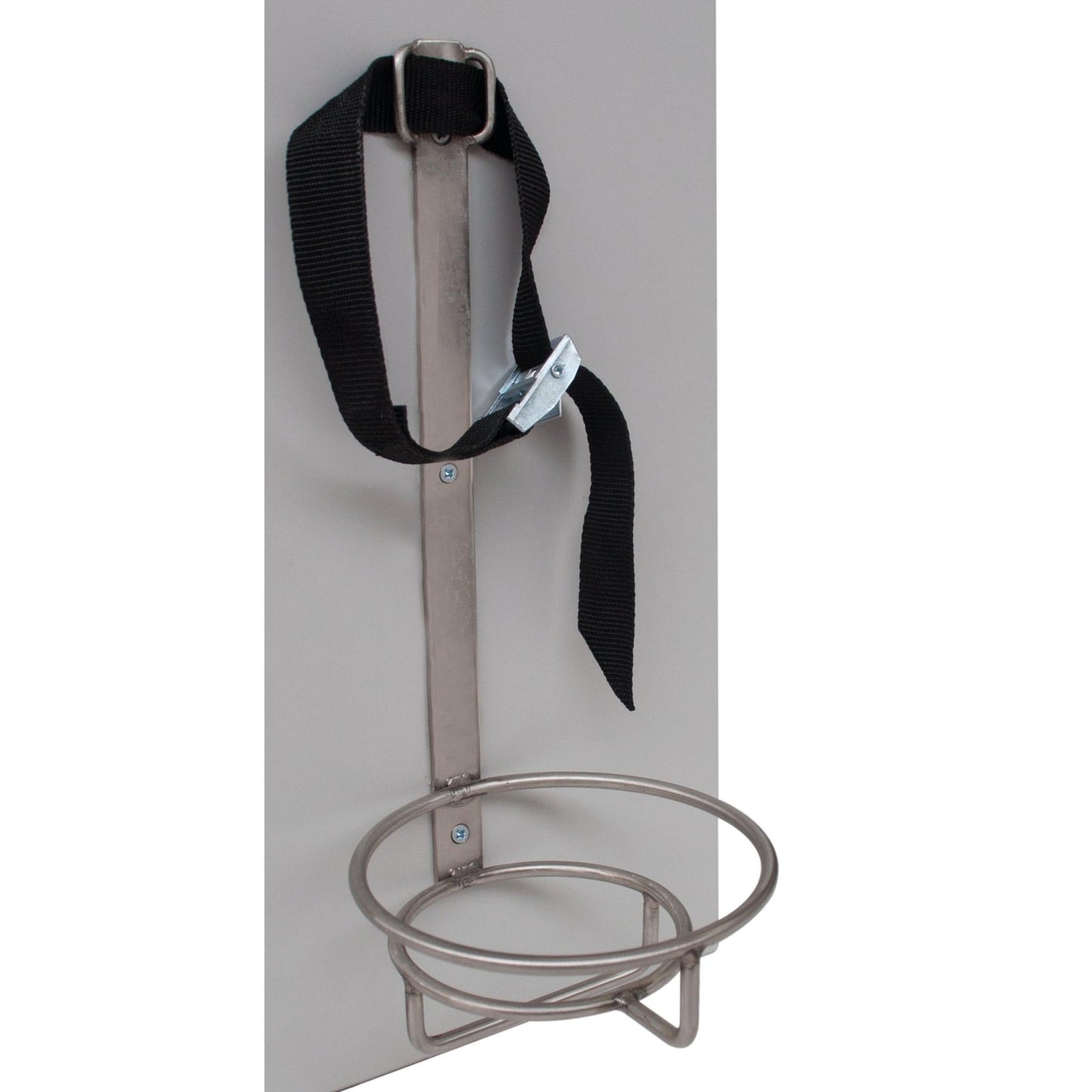 The Novocal oxygen cylinder holder (height: 330 mm, width: 140 mm) features a metal ring and a vertical strap with buckle, ideal for securing cylinders like oxygen tanks or fire extinguishers in medical facilities. Package: 1 piece.