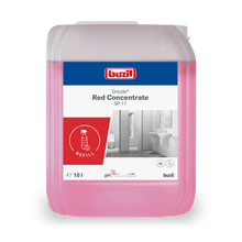 A 10-liter canister of Drizzle® Red Concentrate Sanitary Cleaner (red) from BUZIL-WERK Wagner GmbH & Co. KG, ideal for bathroom and sanitary cleaning, features a label with bathroom images and detailed application instructions.