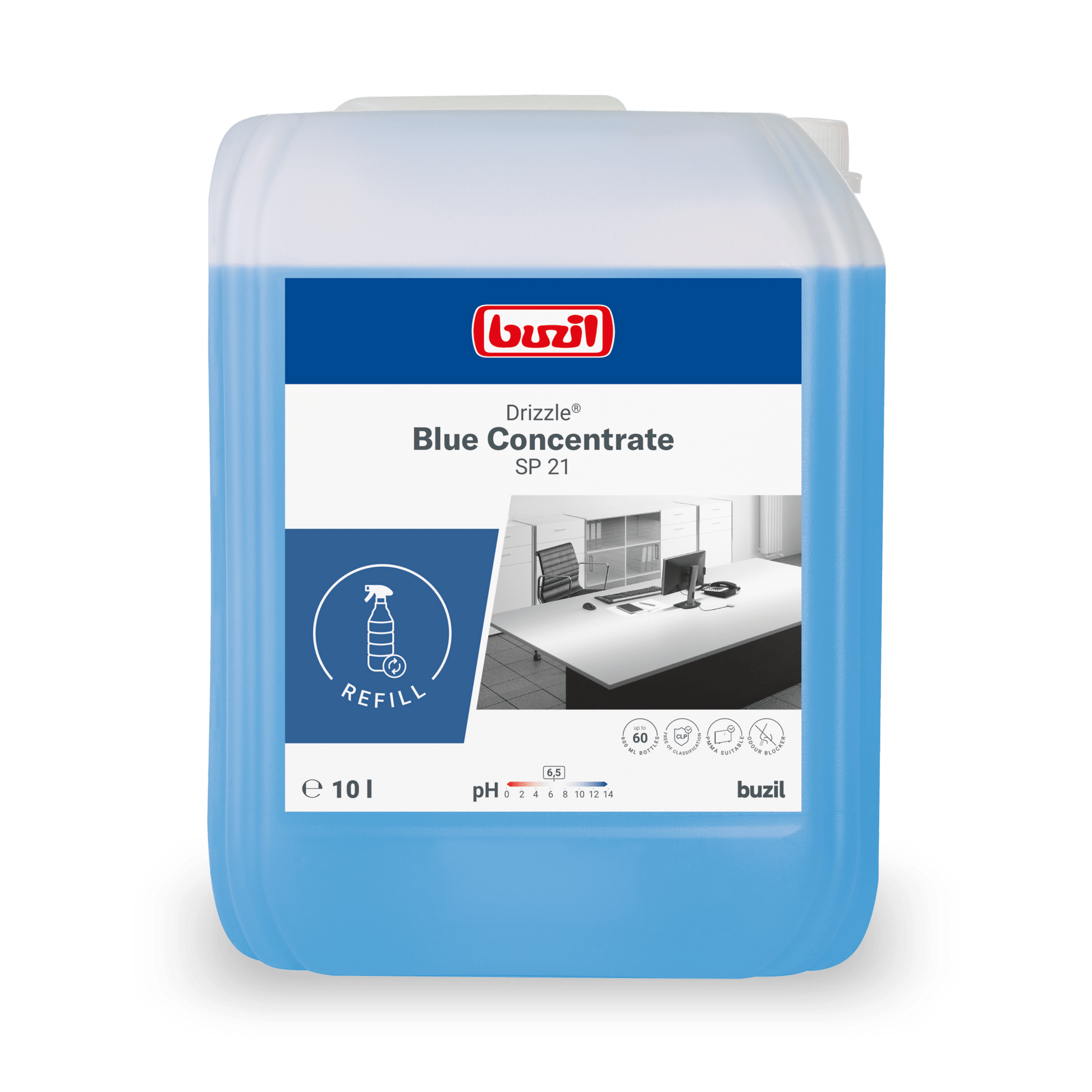 A 10-liter Drizzle® Blue Concentrate Universal Cleaner blue canister from BUZIL-WERK Wagner GmbH & Co. KG, with a blue label, refill symbol, pH 7 symbol, and safety instructions on the packaging.