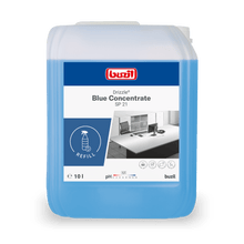 A 10-liter Drizzle® Blue Concentrate Universal Cleaner blue canister from BUZIL-WERK Wagner GmbH & Co. KG, with a blue label, refill symbol, pH 7 symbol, and safety instructions on the packaging.