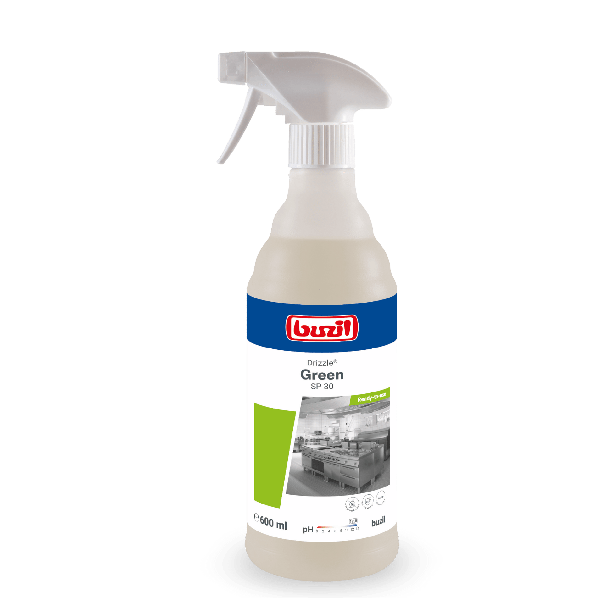 A 600 ml spray bottle of Drizzle® Green oil and grease remover colorless - light yellow by BUZIL-WERK Wagner GmbH & Co. KG, with a gray spray nozzle and a label with a kitchen image, product name, and application instructions.