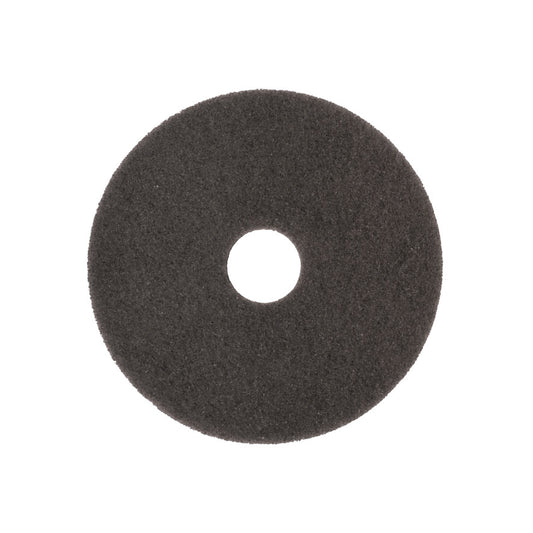 The Arcora SUPERPAD DARK BROWN from Arcora International GmbH is a round, flat, black scouring pad with a hole in the center and a rough texture, ideal for polishing dark surfaces with the polishing machine. Pictured against a white background.