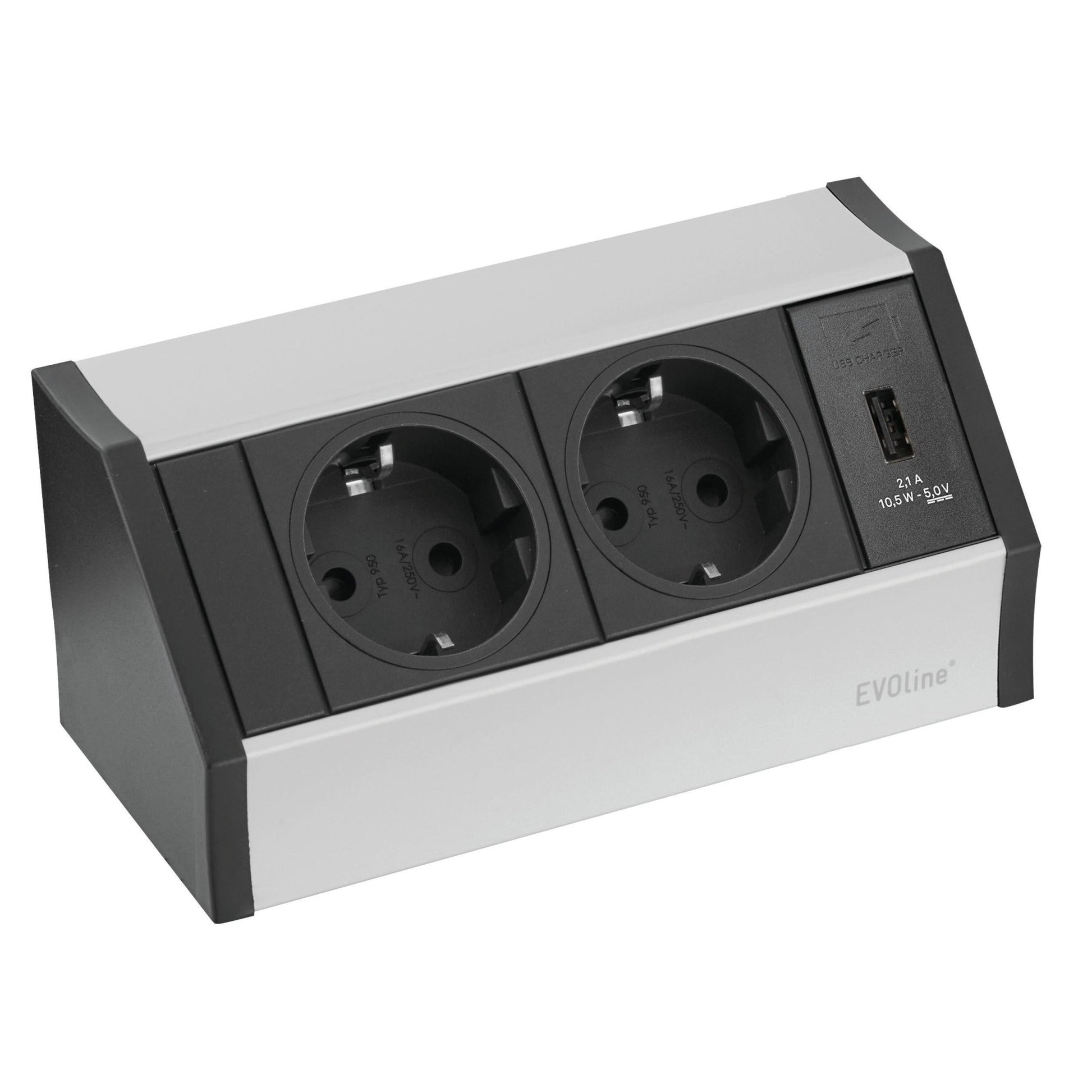 The Novocal Smart Power Outlet Allrounder features two grounded European sockets, a USB charging port, and a silver-black design with the "EVOline" logo on the lower right front. Includes H05 cable; 1 piece per package.