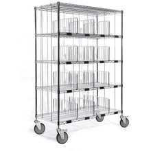 The Novocal sorting shelf cart features four precision steel, nickel-plated, and high-gloss chrome shelves with vertical dividers for versatile organization. Its large wheels provide excellent mobility in any environment.