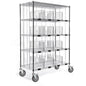 The Novocal sorting shelf cart features four precision steel, nickel-plated, and high-gloss chrome shelves with vertical dividers for versatile organization. Its large wheels provide excellent mobility in any environment.