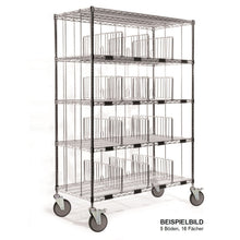 The Novocal sorting shelf trolley made of precision steel, nickel-plated and high-gloss chrome-plated, has 5 shelves with wire dividers, 4 large wheels and is ideal for organization. Text: "EXAMPLE IMAGE 5 shelves, 16 compartments.