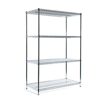 The Novocal standing shelf basic unit is a four-tier shelf made of precision steel, nickel-plated and high-gloss chrome-plated, with four corner feet, depicted on a plain white background.