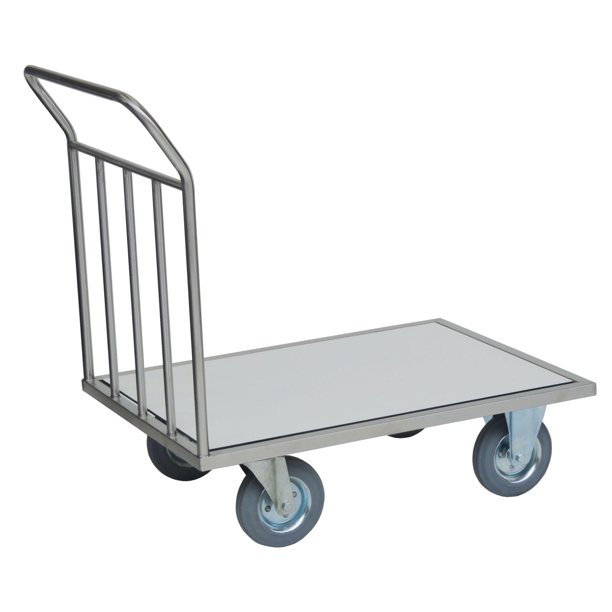 The Novocal front wall trolley features a stainless steel frame with fully welded pipe connections and is ideal for heavy-duty transport in industrial environments. Delivery is made as a single item (1 piece).