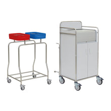 Two Novocal station trolleys: one with two color-coded containers (red/blue) on a fully welded stainless steel frame, and one as a white mobile cabinet with a roll-top compartment - ideal for hospitals. Brand: Novocal.