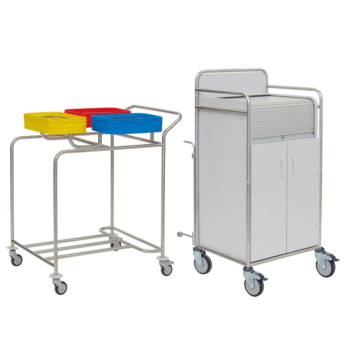 On the left is the Novocal station trolley frame made of stainless steel with all-around welded pipe connections, while on the right is a white medical station trolley with storage compartments and wheels - both against a white background.