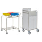 On the left is the Novocal station trolley frame made of stainless steel with all-around welded pipe connections, while on the right is a white medical station trolley with storage compartments and wheels - both against a white background.