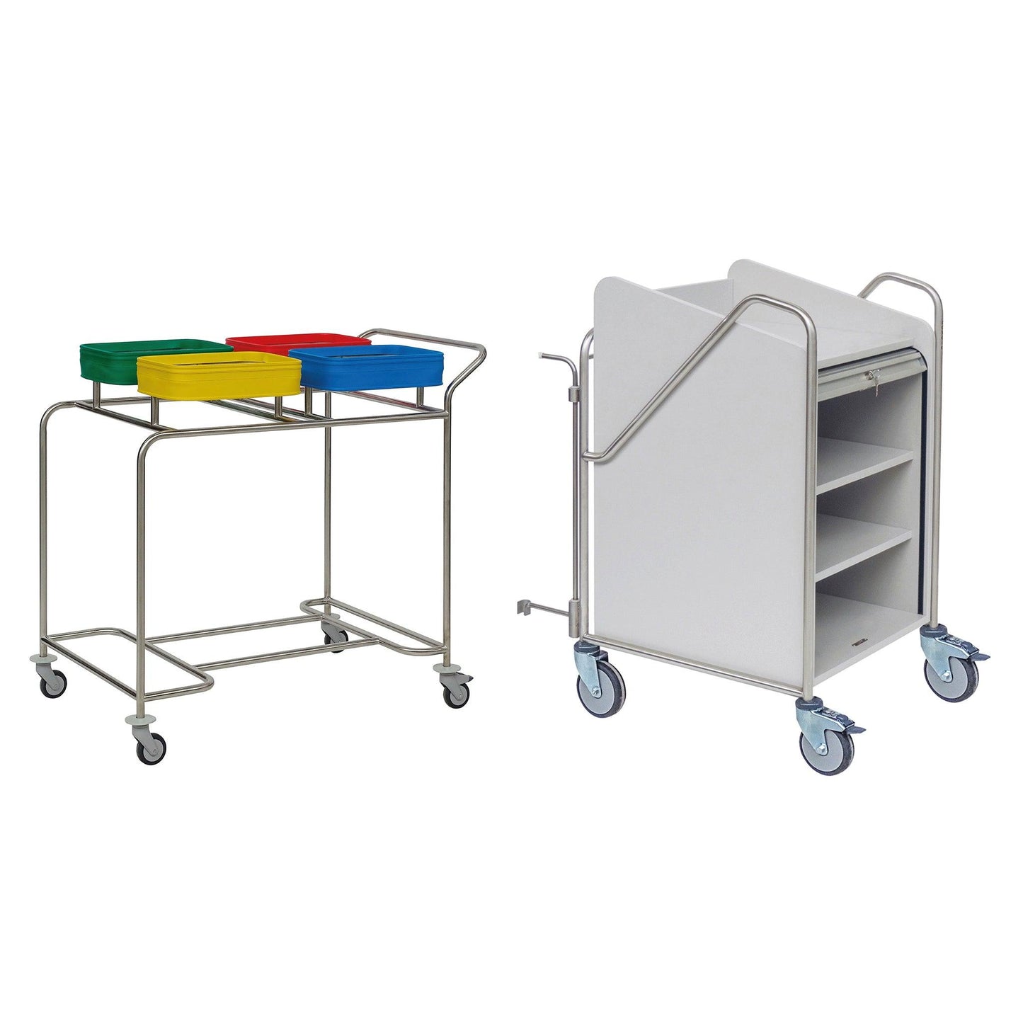 Novocal offers two types of station trolleys: one with a stainless steel frame (welded all around) and 3 color-coded containers (yellow, green, red), and a white station trolley for hospitals with shelves and side handles. Both have swivel casters.