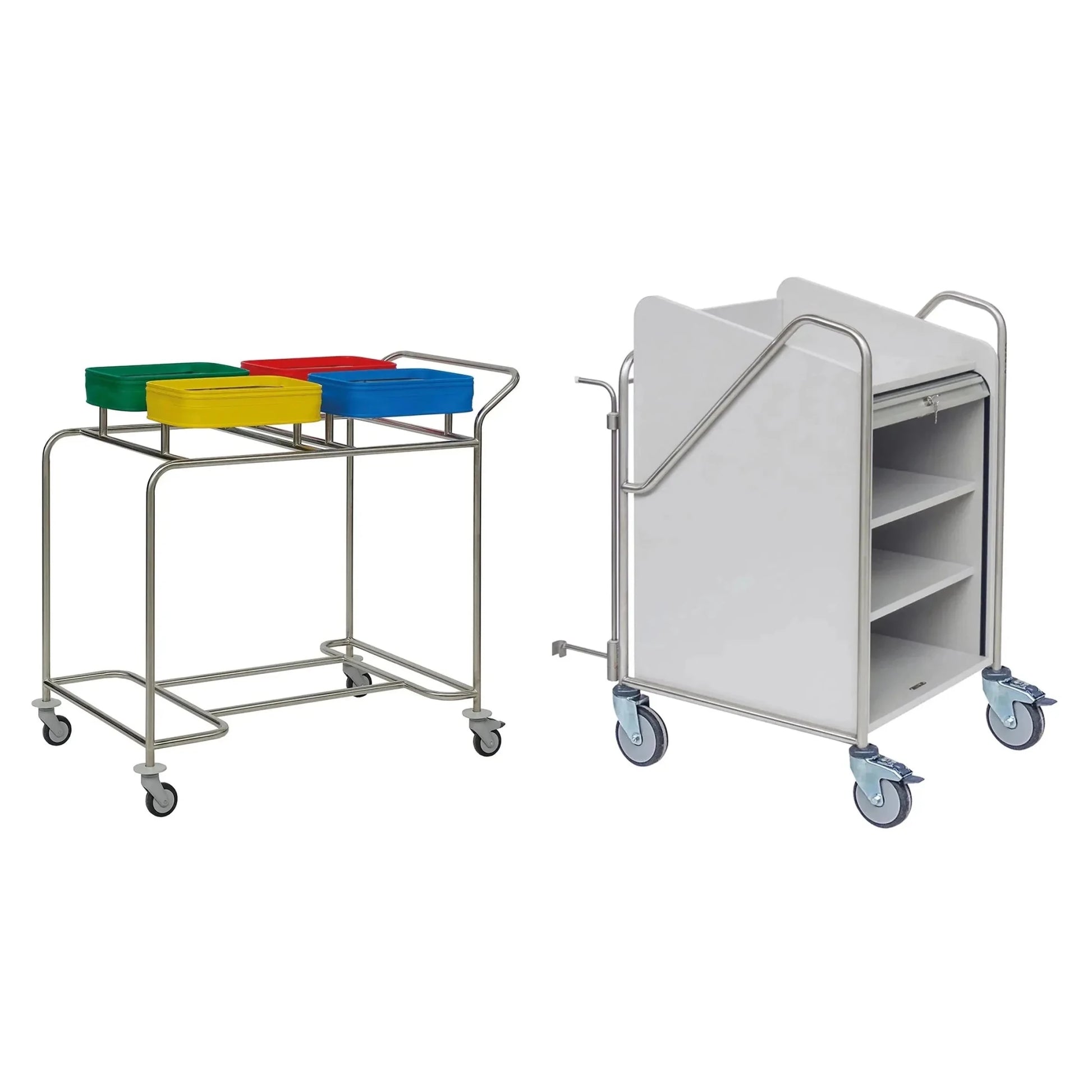 Pictured are two station trolleys: On the left is a Novocal station trolley with a stainless steel frame with three colored containers and wheels; on the right is a white, closed, robust Novocal station trolley with shelves and large wheels.