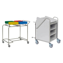 Pictured are two station trolleys: On the left is a Novocal station trolley with a stainless steel frame with three colored containers and wheels; on the right is a white, closed, robust Novocal station trolley with shelves and large wheels.