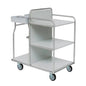 The Novocal station trolley has three shelves, four wheels, a handle, and a small side compartment at the top left. It is made of sturdy stainless steel with fully welded round tube connections and is depicted empty on a white background.