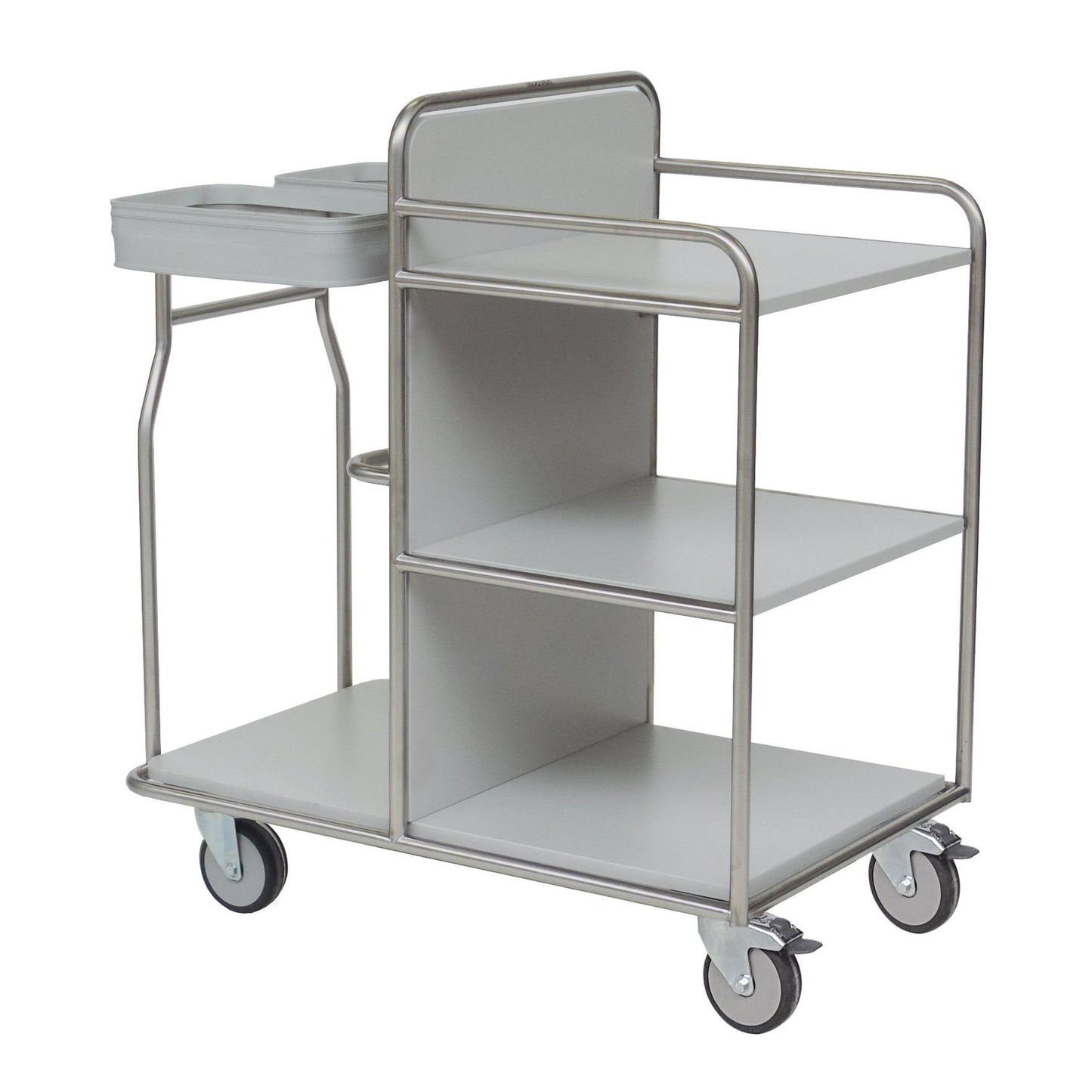 The Novocal station trolley frame made of stainless steel with all-around welded tube connections offers three shelves, four wheels, an upper railing, and a double compartment - perfect as a versatile medical trolley for organized storage and mobility.