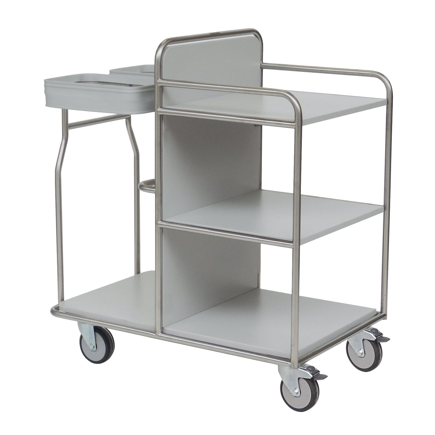 The Novocal station trolley frame made of stainless steel with all-around welded tube connections offers three shelves, four wheels, an upper railing, and a double compartment - perfect as a versatile medical trolley for organized storage and mobility.