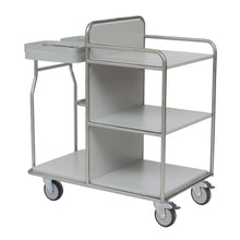 The Novocal station trolley frame made of stainless steel with all-around welded tube connections offers three shelves, four wheels, an upper railing, and a double compartment - perfect as a versatile medical trolley for organized storage and mobility.