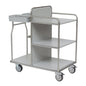The Novocal station trolley frame made of stainless steel with all-around welded tube connections offers three shelves, four wheels, an upper railing, and a double compartment - perfect as a versatile medical trolley for organized storage and mobility.