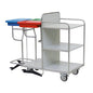A Novocal station cart made of stainless steel with all-around welded pipe connections and three shelves stands next to two color-coded containers on metal stands - ideal for use in hospitals.