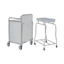 Pictured are two Novocal stainless steel station trolleys: a closed professional model with solid panels and handles, and the frame version with an exposed frame, two upper brackets, fully welded round connections. Both have four wheels for mobility.