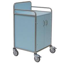The Novocal station trolley "Standard Model" from Novocal is a light blue metal trolley with two cabinet doors, a stainless steel frame, and four swivel castors for practical storage, depicted on a white background.