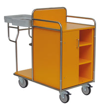 The Novocal station trolley made of stainless steel with all-around welded pipe connections offers three shelves, a closed cabinet compartment, a side dual container, and four wheels for optimal mobility. Package: 1 piece.