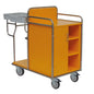 The Novocal station trolley made of stainless steel with all-around welded pipe connections offers three shelves, a closed cabinet compartment, a side dual container, and four wheels for optimal mobility. Package: 1 piece.