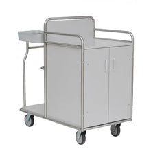 The Novocal station trolley features a robust, fully welded stainless steel frame, four wheels, a white two-door cabinet, a flat plate with side shelf, and a sturdy metal railing - ideal for medical use.
