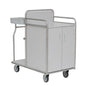 The Novocal station trolley features a robust, fully welded stainless steel frame, four wheels, a white two-door cabinet, a flat plate with side shelf, and a sturdy metal railing - ideal for medical use.