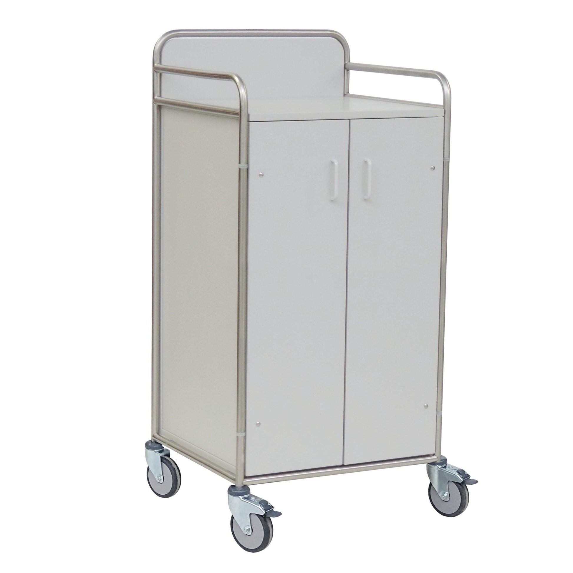 The Novocal station cart features a stainless steel frame with fully welded round tube connections, two cabinet doors, four gray casters, and metal railings, ideal for mobile storage and transport in hospitals or care facilities.