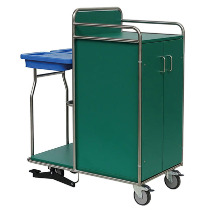 The Novocal station cart frame made of stainless steel features two doors, four wheels, a lower shelf, an upper handle, and a blue Novocal plastic container with two compartments attached on the side. All pipe connections are welded all around.