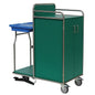 The Novocal station cart frame made of stainless steel features two doors, four wheels, a lower shelf, an upper handle, and a blue Novocal plastic container with two compartments attached on the side. All pipe connections are welded all around.
